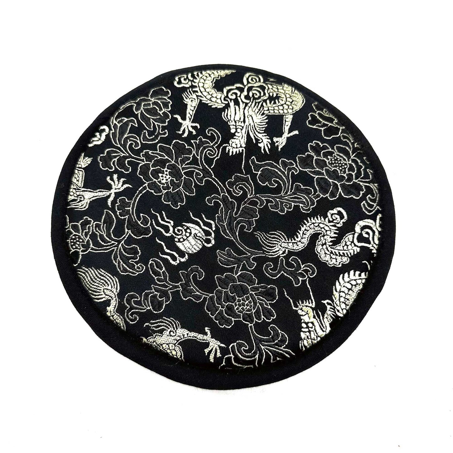 Set med tibetansk klangskål i mässing – 14CM Svart broderad Green Tara-kudde med blommigt och drakmönster