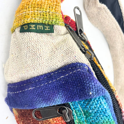 Alt Tag: Tiedye Hemp Bum Bag All Natural close-up of colorful tie-dye hemp-cotton fabric with zipper detail