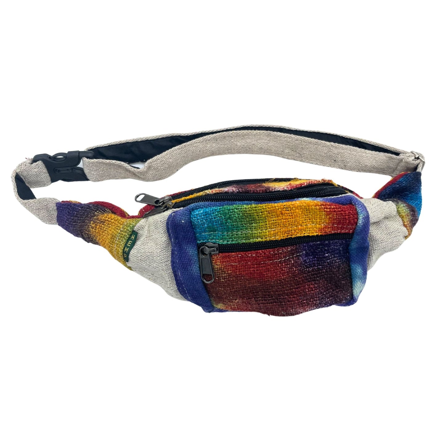 Alt Tag: Tiedye Hemp Bum Bag All Natural rainbow tie-dye hemp cotton waist bag with adjustable strap and front zip pocket