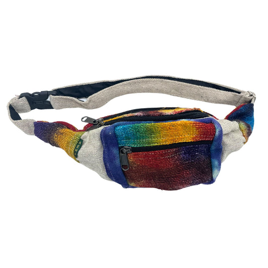 Alt Tag: Tiedye Hemp Bum Bag All Natural rainbow tie-dye hemp cotton waist bag with adjustable strap and front zip pocket