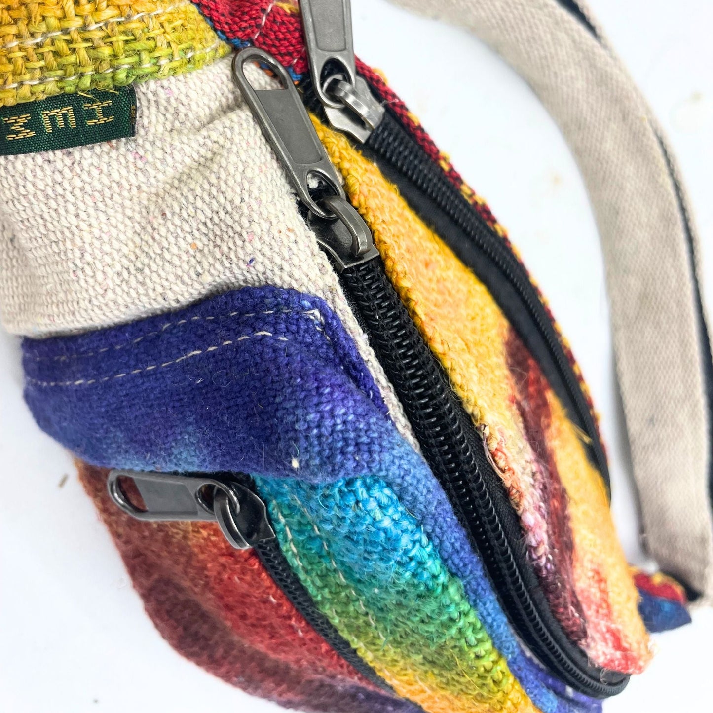 Tiedye Hemp Bum Bag All Natural close-up of tie-dye hemp cotton waist bag with zipper and strap