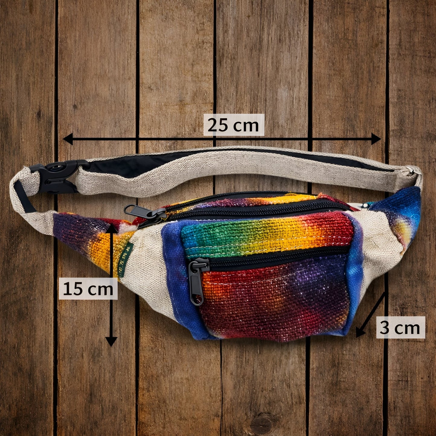 Alt Tag: Tiedye Hemp Bum Bag All Natural tie-dye hemp cotton waist bag with zipper pocket and adjustable strap, size 25x15x3 cm