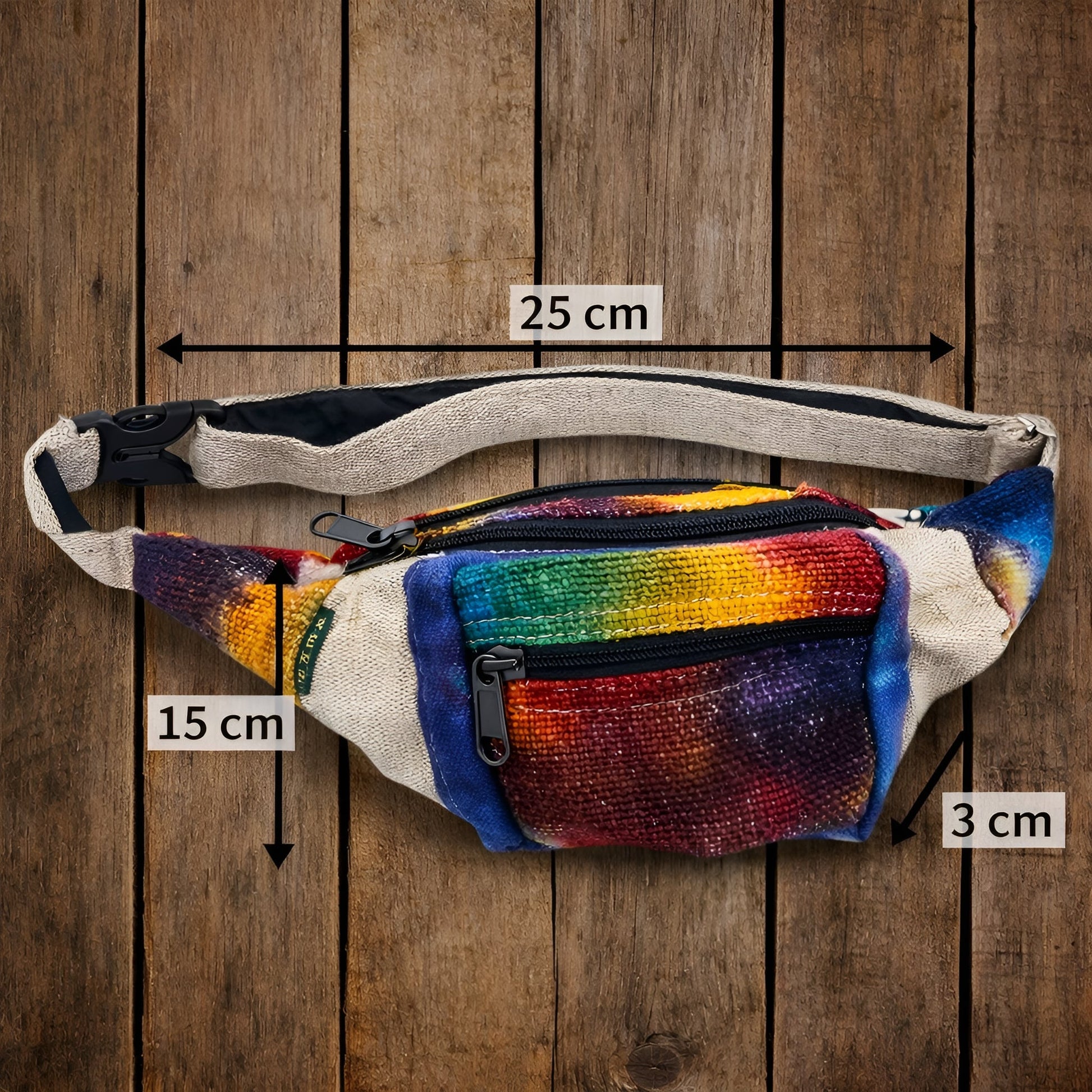 Alt Tag: Tiedye Hemp Bum Bag All Natural tie-dye hemp cotton waist bag with zipper pocket and adjustable strap, size 25x15x3 cm