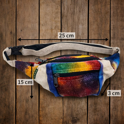 Alt Tag: Tiedye Hemp Bum Bag All Natural tie-dye hemp cotton waist bag with zipper pocket and adjustable strap, size 25x15x3 cm
