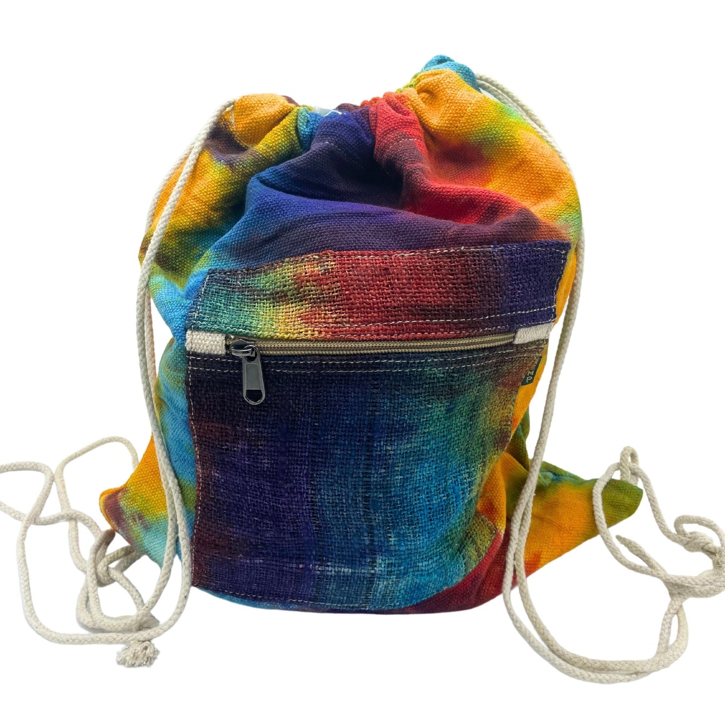 Tiedye Hemp String Bag All Natural colorful hemp-cotton drawstring backpack with front zipper pocket