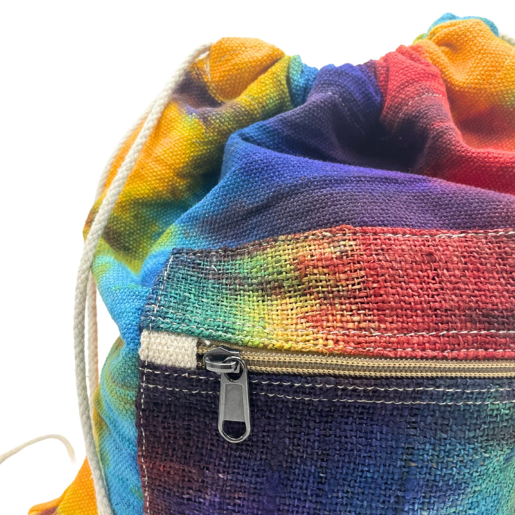 Tiedye Hemp String Bag All Natural close-up of colorful tie-dye hemp-cotton drawstring bag with front zipper pocket