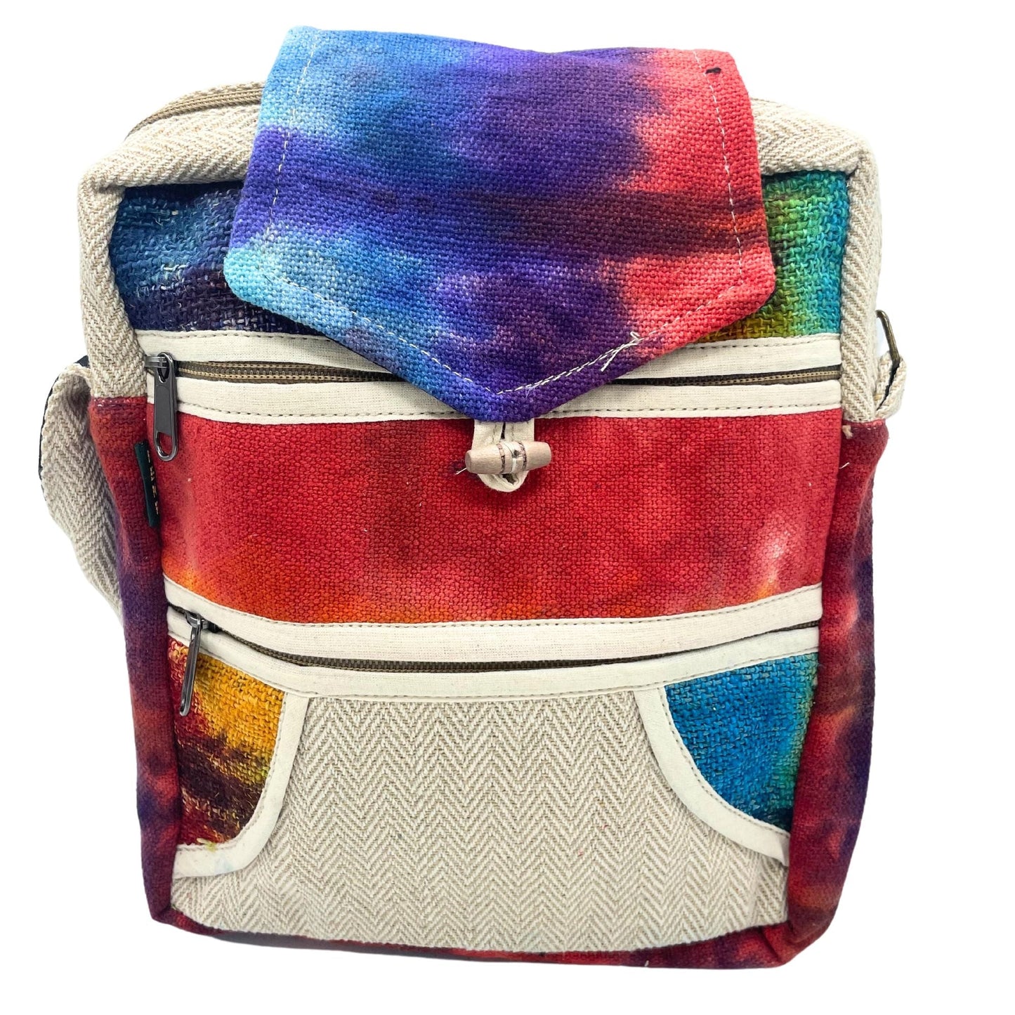 Tiedye Hemp Messenger Bag – 2 Zip & Flap with colorful hand-dyed pattern, flap closure and dual zip compartments, front view