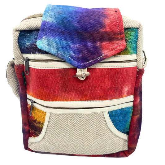Tiedye Hemp Messenger Bag – 2 Zip & Flap with colorful hand-dyed pattern, flap closure and dual zip compartments, front view
