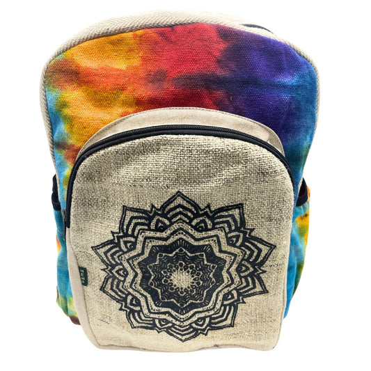 Alt Tag: Tiedye Hemp Large Backpack – Mandala with hand-dyed rainbow tie-dye and black mandala print front pocket