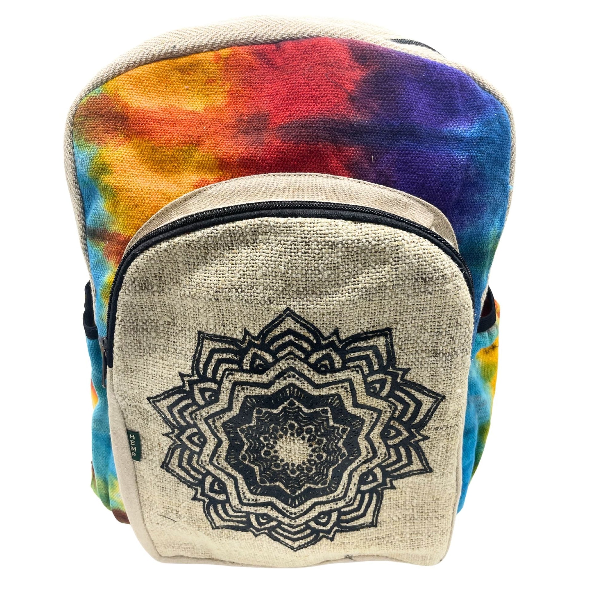 Alt Tag: Tiedye Hemp Large Backpack – Mandala con diseño mandala en el bolsillo frontal y acabado tie-dye multicolor
