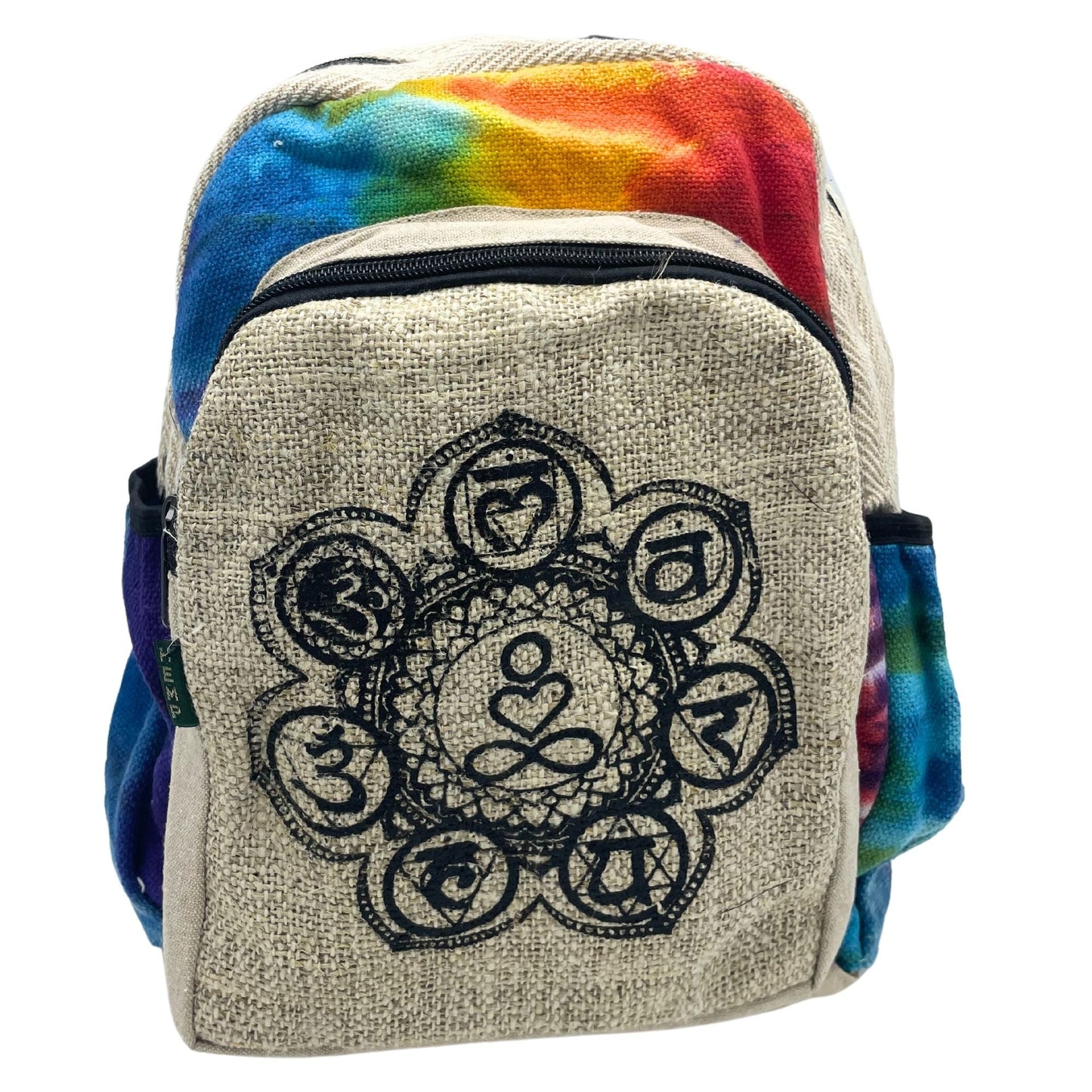 Tiedye Hemp Medium Backpack – 7 Chakra, mellanstor ryggsäck i tie dye-mönstrad hampa i flera färger med 7 chakra-motiv