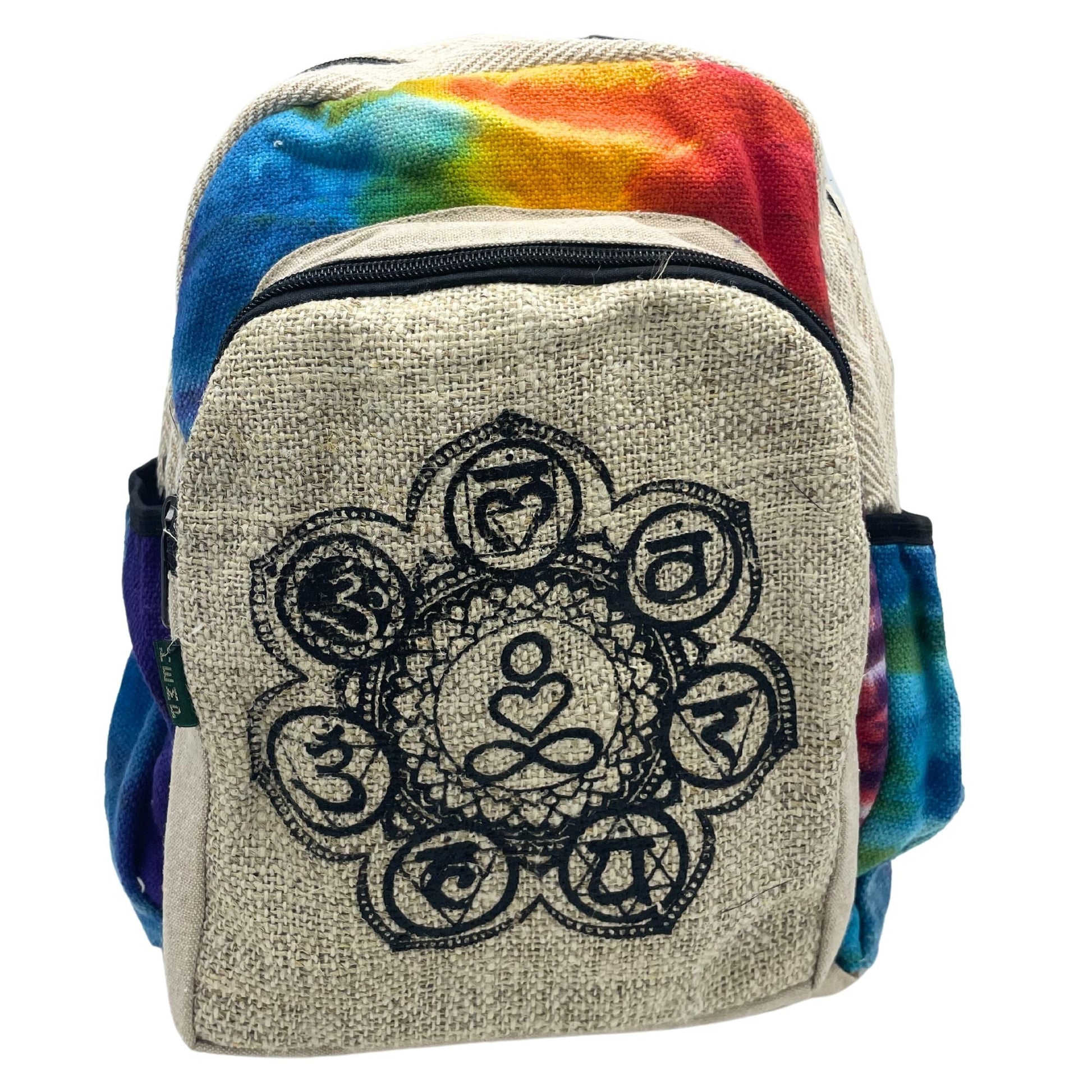 Tiedye Hemp Medium Backpack – 7 Chakra, mellanstor ryggsäck i tie dye-mönstrad hampa i flera färger med 7 chakra-motiv