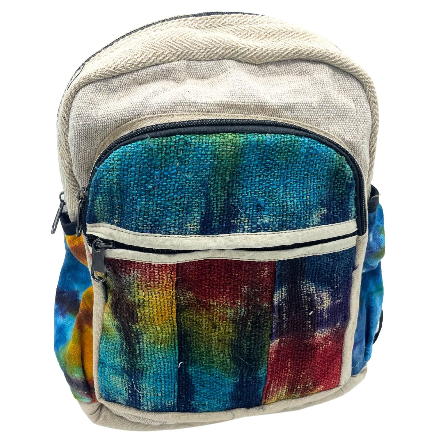 Tiedye Hemp Medium Size Backpack – No Print, hand-dyed multicolor hemp-cotton medium backpack with front zip pocket