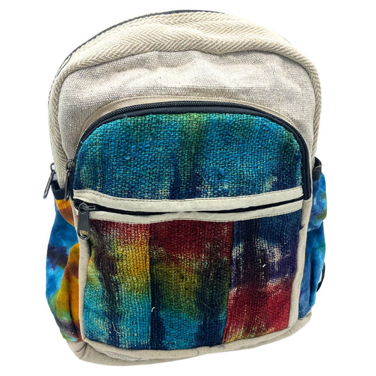 Tiedye Hemp Medium Size Backpack – No Print, hand-dyed multicolor hemp-cotton medium backpack with front zip pocket