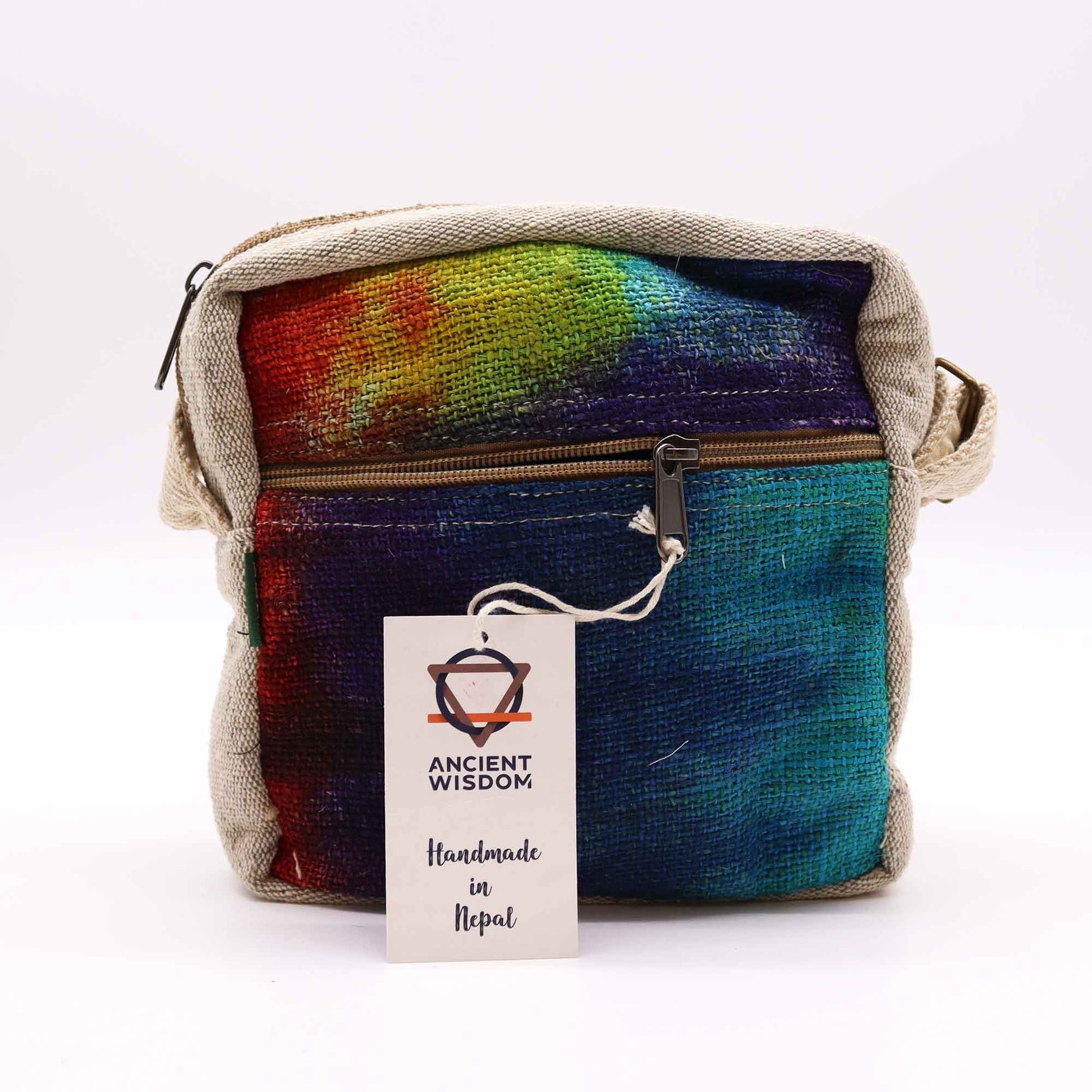 Alt Tag: Tiedye Hemp Messenger Bag – 1 Zip eco-friendly hemp cotton blend tie-dye bag with front zipper pocket, handmade in Nepal