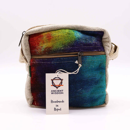 Alt Tag: Tiedye Hemp Messenger Bag – 1 Zip eco-friendly hemp cotton blend tie-dye bag with front zipper pocket, handmade in Nepal