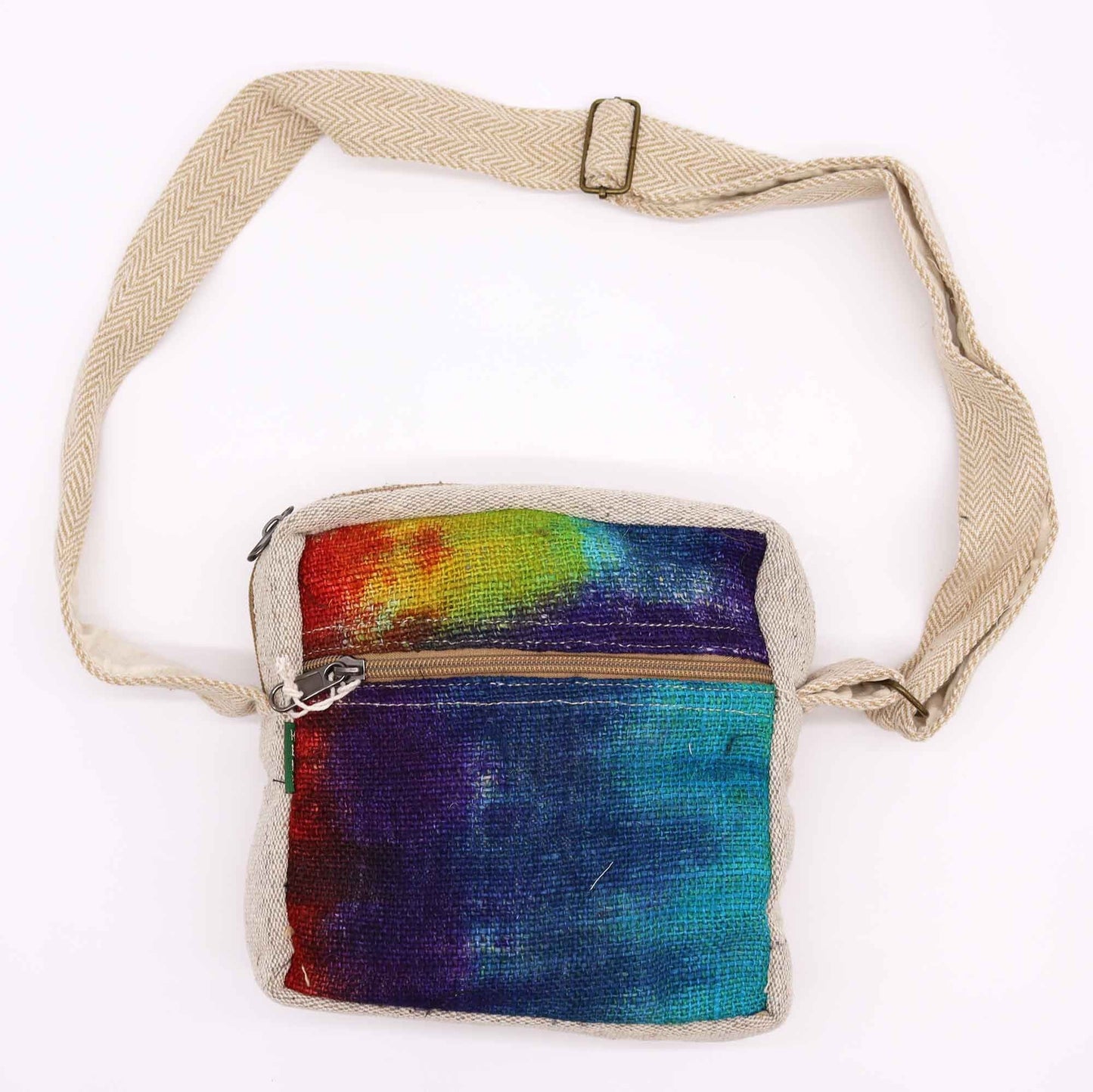 Alt Tag: Tiedye Hemp Messenger Bag – 1 Zip small crossbody hemp-cotton bag with rainbow tie-dye front and adjustable strap