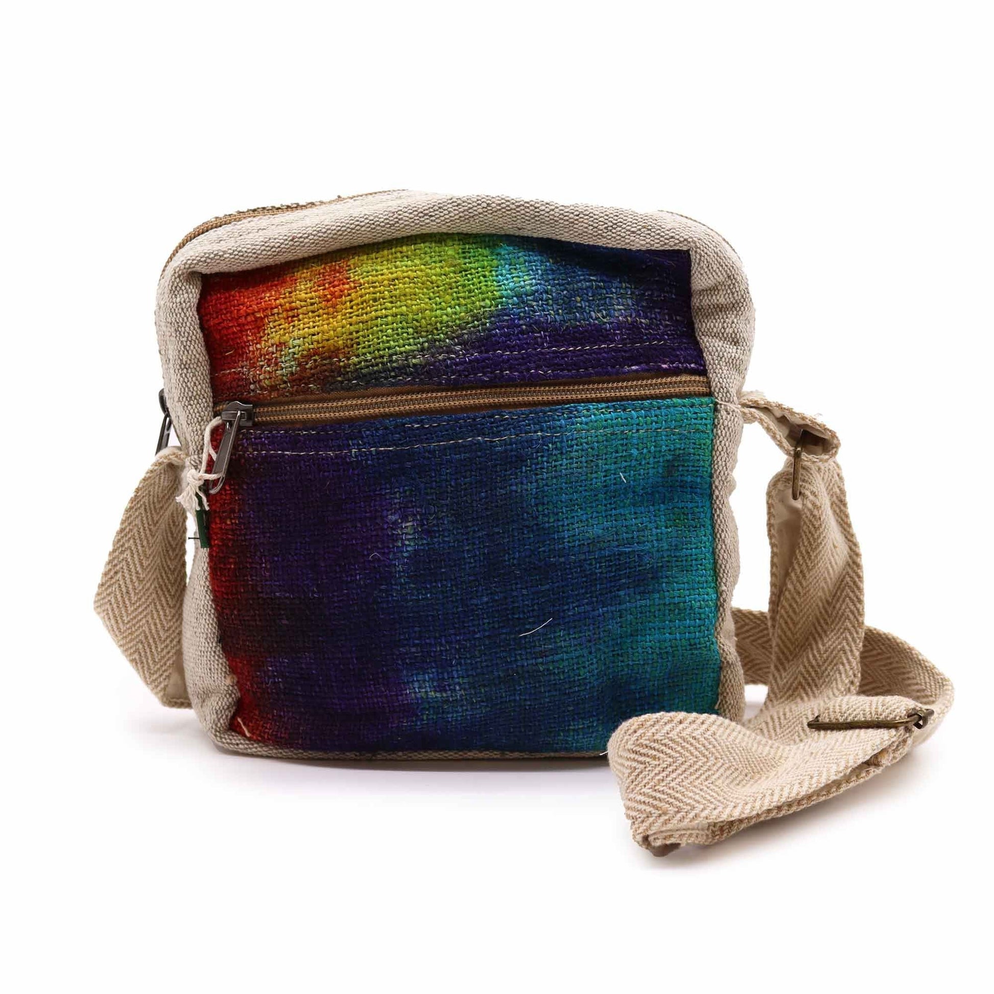 Alt Tag: Tiedye Hemp Messenger Bag – 1 Zip, colorful tie-dye hemp-cotton crossbody bag with front zipper pocket and adjustable strap