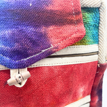 Tiedye Hemp Messenger Bag – 2 Zip & Flap close-up of colorful hand-dyed hemp-cotton flap, zipper pocket and stitching detail