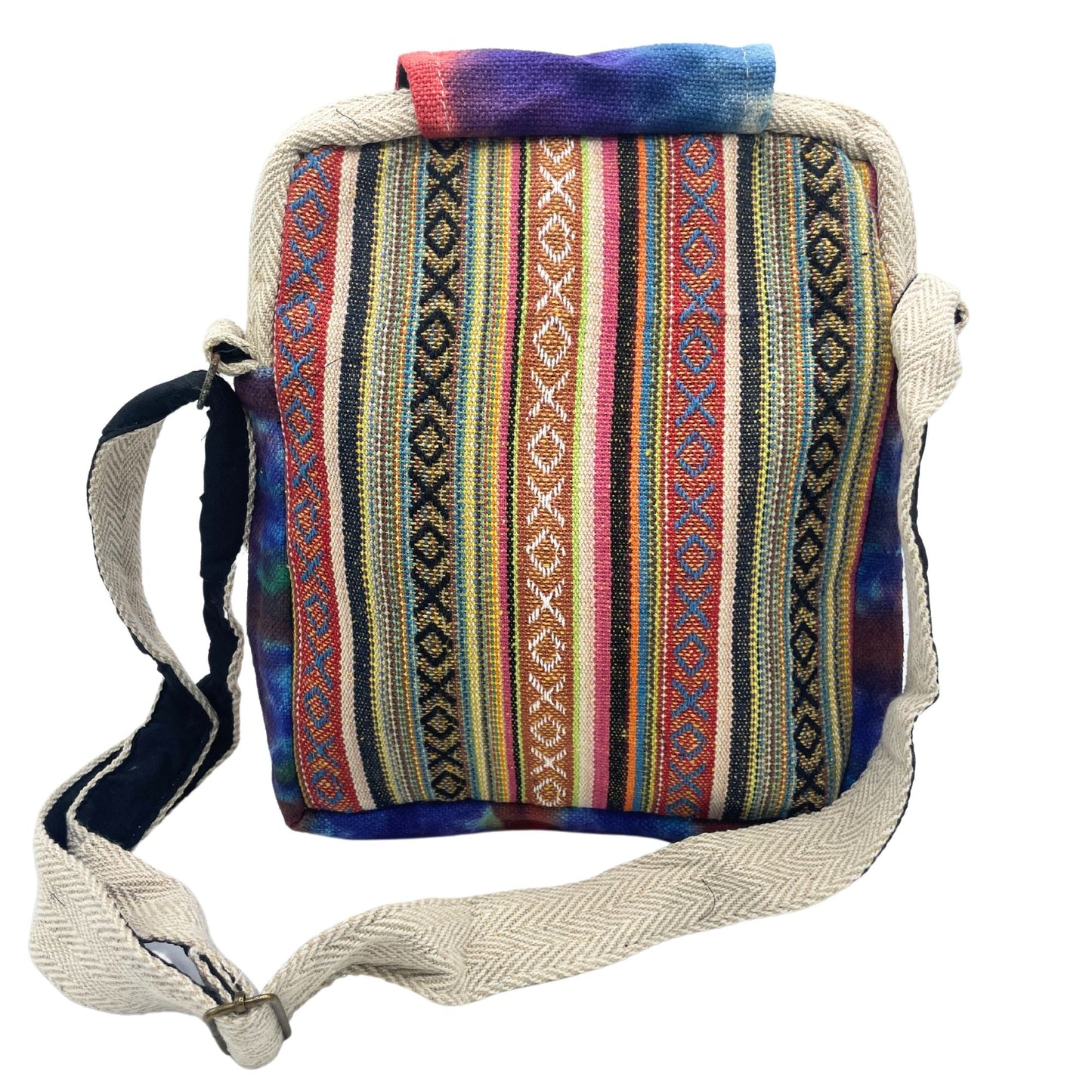 Tiedye Hemp Messenger Bag – 2 Zip & Flap with colorful woven stripe panel, flap closure, and adjustable shoulder strap