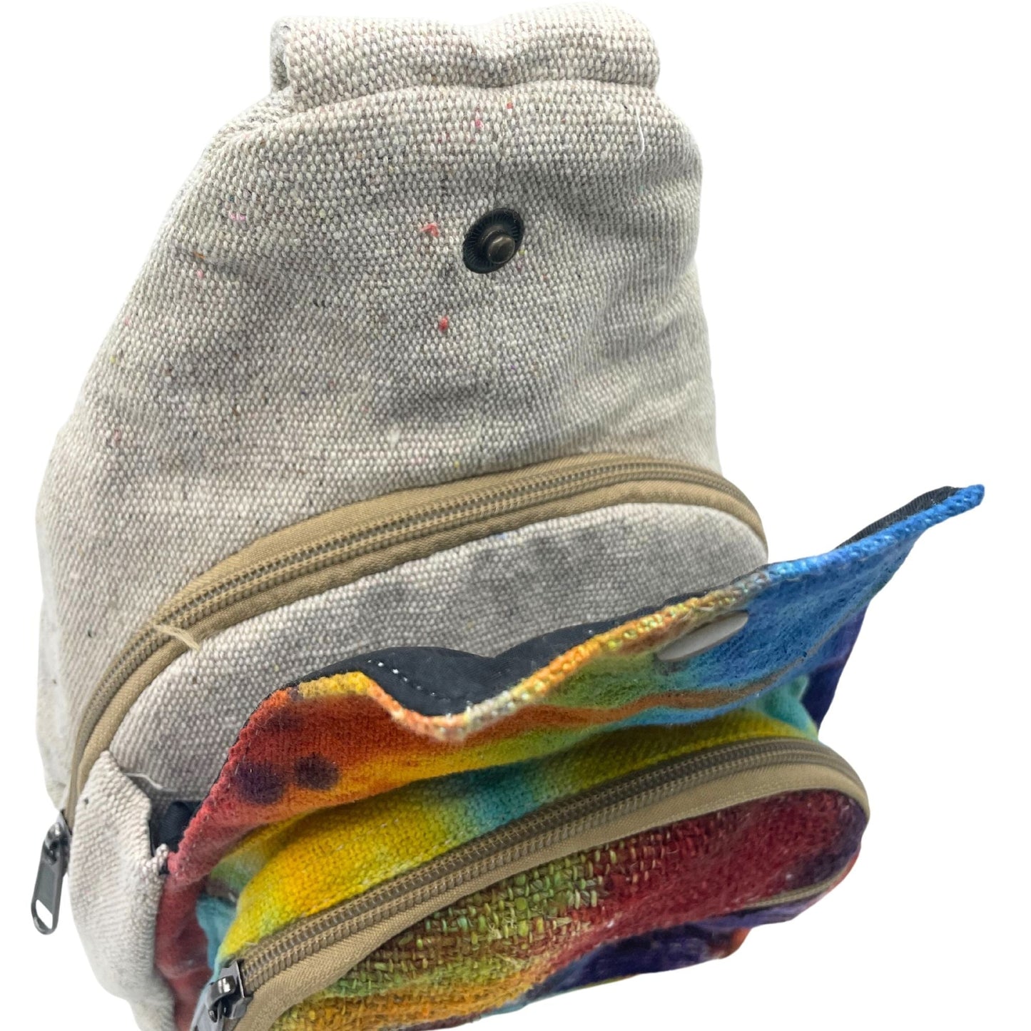 Alt Tag: Tiedye Hemp Sling Shoulder Bag All Natural From Kathmandu, natural hemp and cotton crossbody sling with zipper pockets and tie-dye front