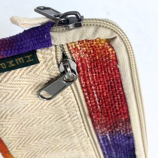 Tiedye Hemp Square Pouch Kathmandu Nepal close-up of zipper on hemp and cotton square pouch with multicolor tie-dye trim