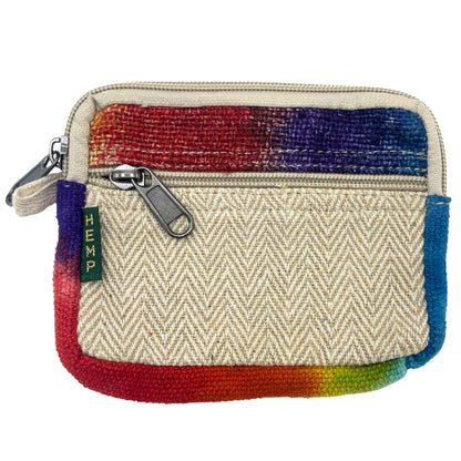 Tiedye Hemp Square Pouch Kathmandu Nepal, beige fiskbensmönstrad hampa-bomullsnecessär med dragkedja, med regnbågsfärgad tie-dye-kant och framficka med dragkedja