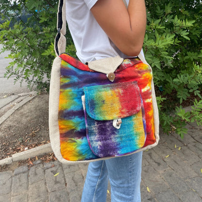 Tiedye Hemp Study Bag – With Front Pocket shoulder bag in vibrant rainbow tie-dye hemp and cotton with front flap pocket