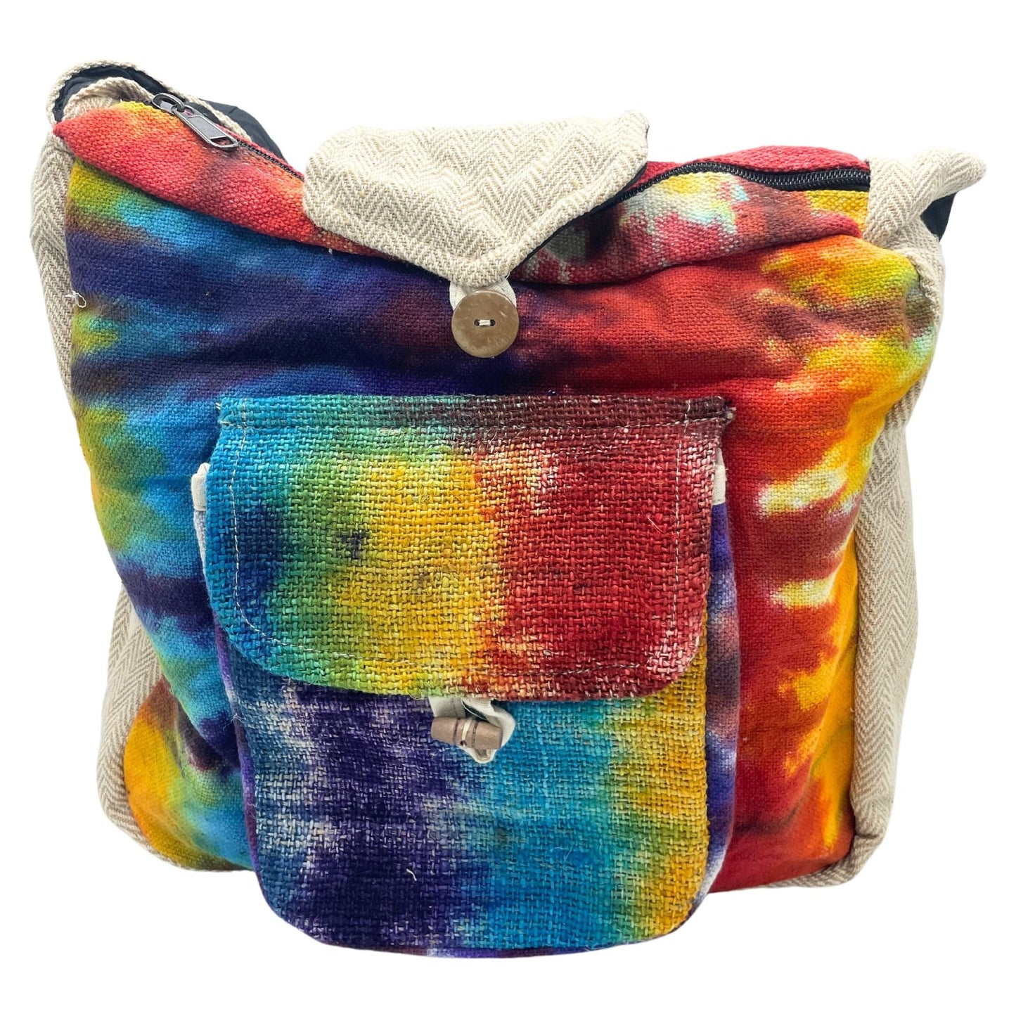 Alt Tag: Tiedye Hemp Study Bag – With Front Pocket, colorful tie-dye hemp and cotton bag with front pocket and button flap