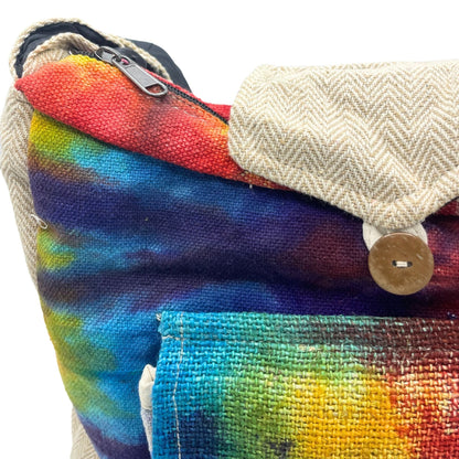 Tiedye Hemp Study Bag – With Front Pocket with colorful tie-dye fabric, front pocket detail, zipper and button closure