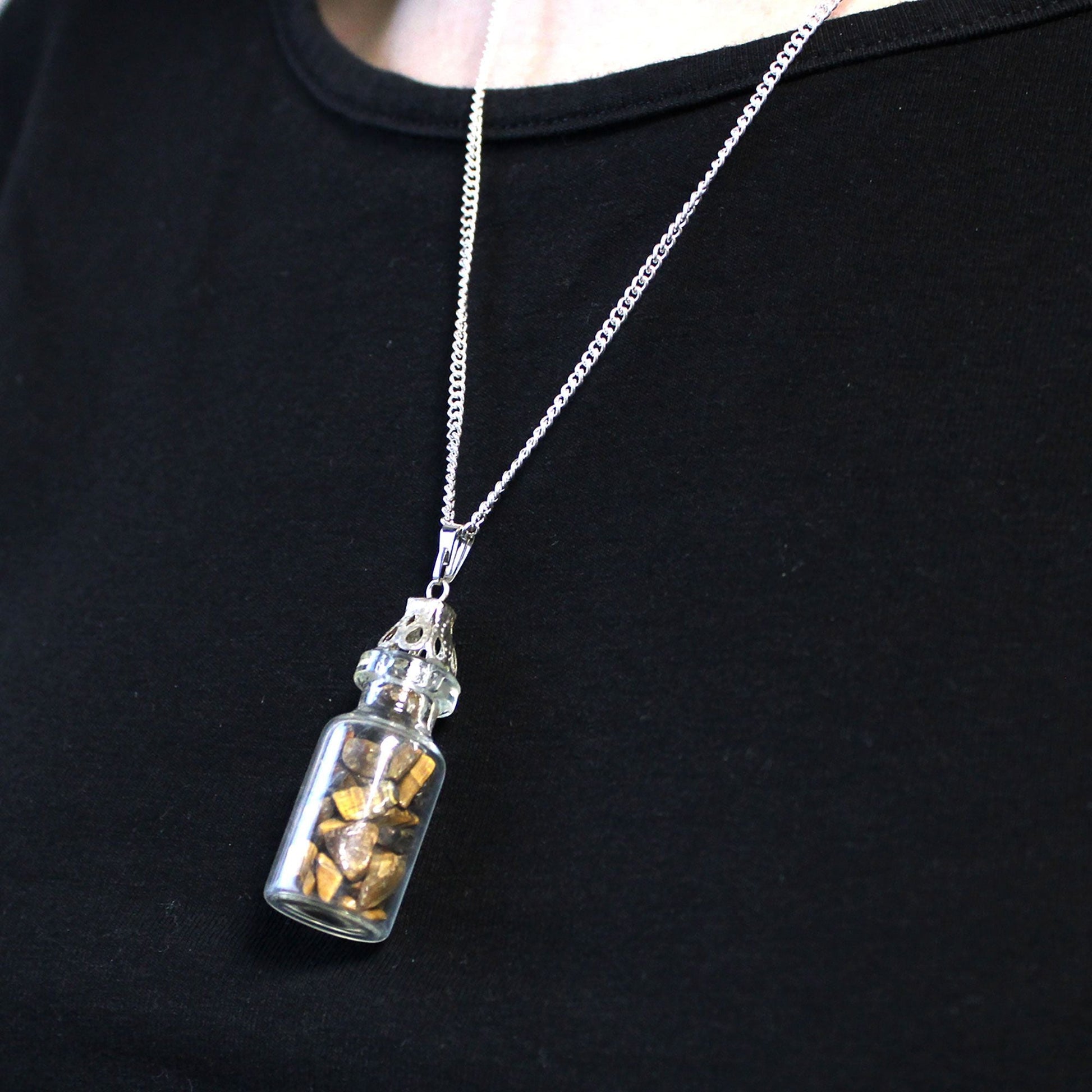 Tiger Eye Bottled Gemstones Necklace – Natural Stone, glass vial pendant with natural tiger eye chips on silver chain
