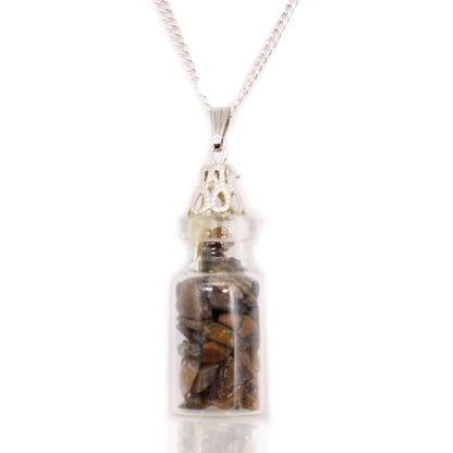 Tiger Eye Bottled Gemstones Necklace – Natural Stone, glass bottle pendant with tiger eye chips on silver chain