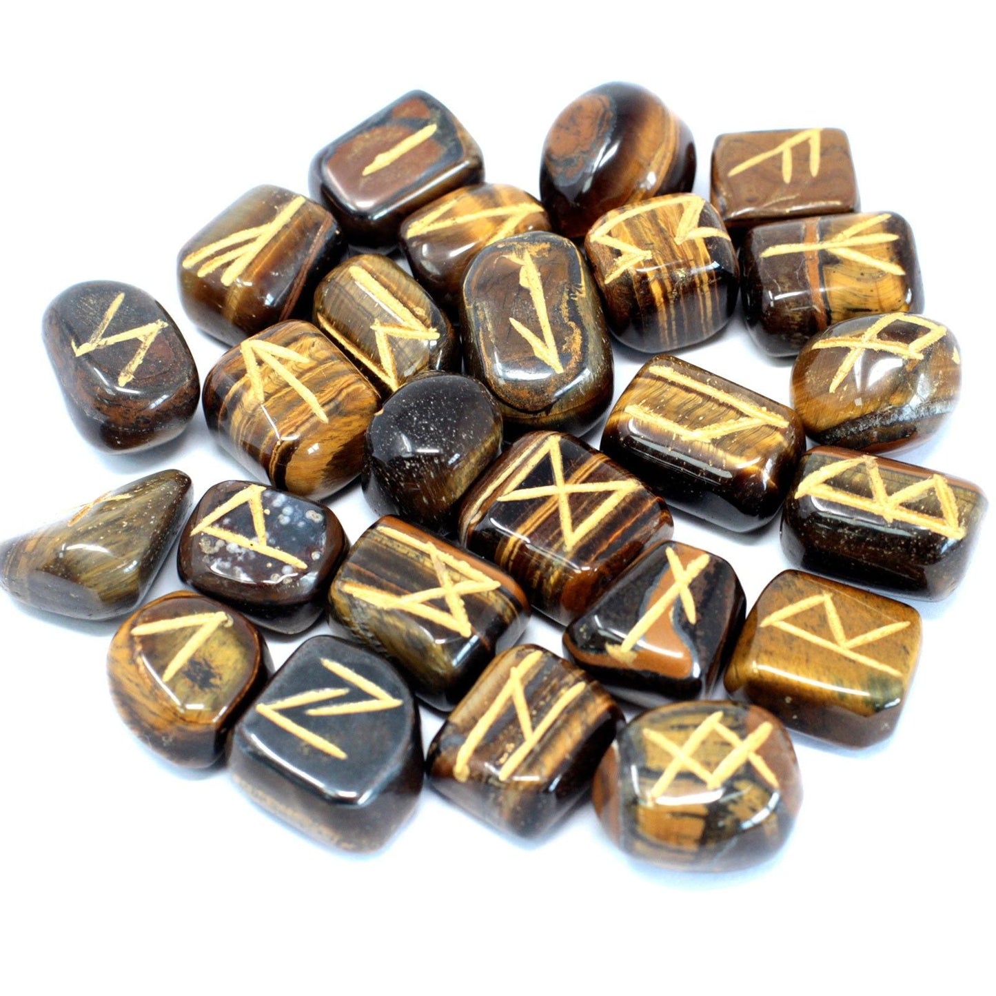 Tiger Eye Gemstone Rune Set – 25 Stones, piedras pulidas de ojo de tigre con símbolos rúnicos grabados, vista superior