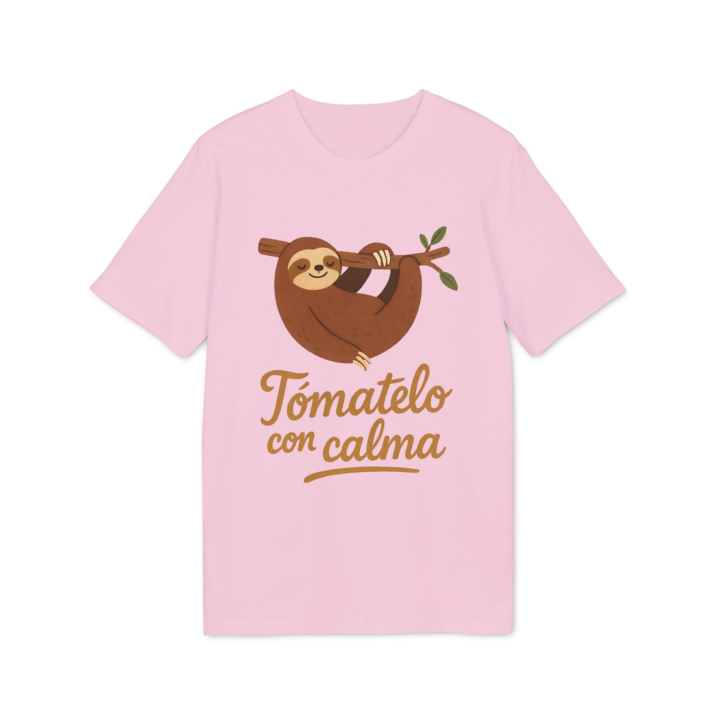 Alt-Tag: Tomatelo Calma Nachhaltiges Unisex-T-Shirt in Pink mit Faultier-Grafik und dem Text „Tómatelo con calma“