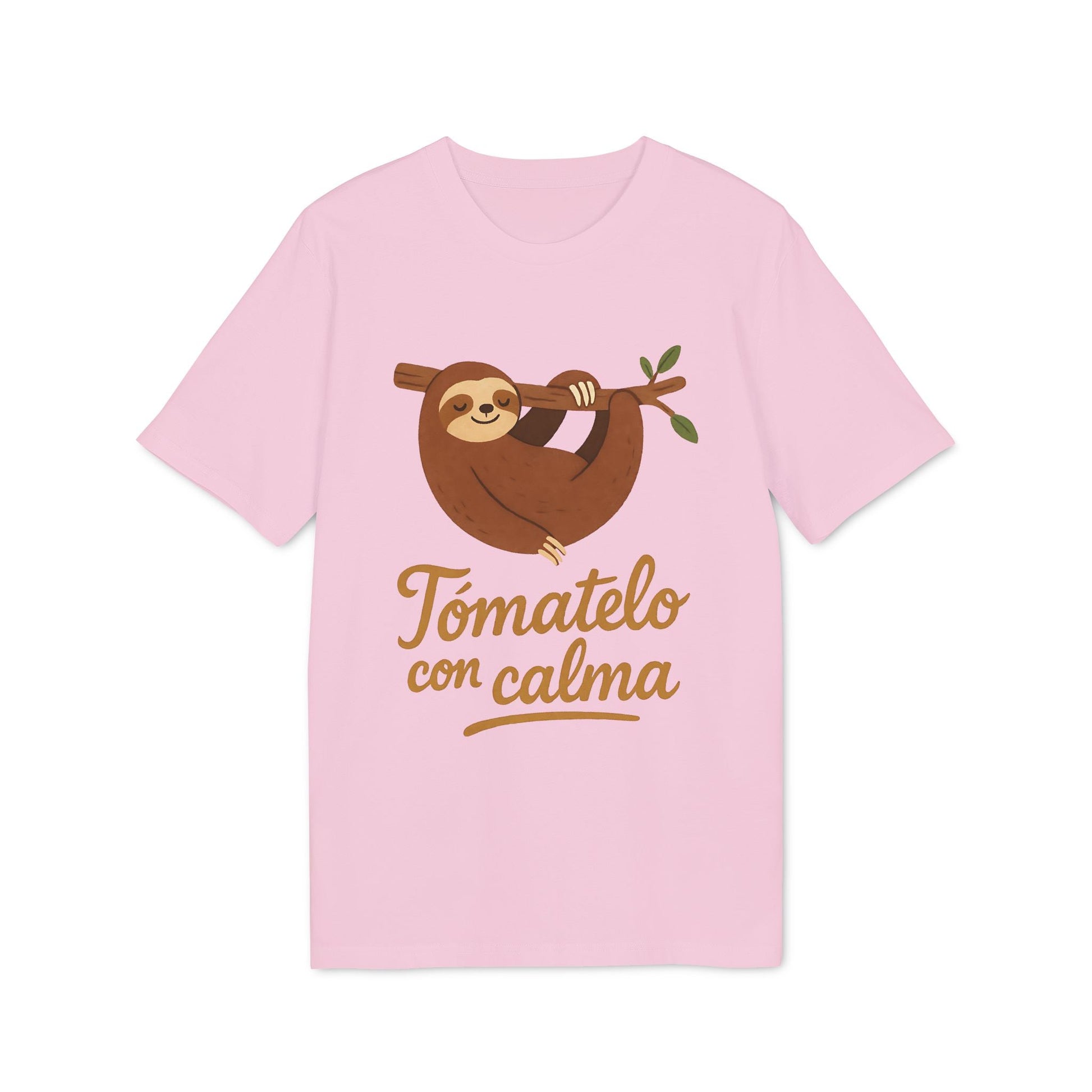 Alt-Tag: Tomatelo Calma Nachhaltiges Unisex-T-Shirt in Pink mit Faultier-Grafik und dem Text „Tómatelo con calma“