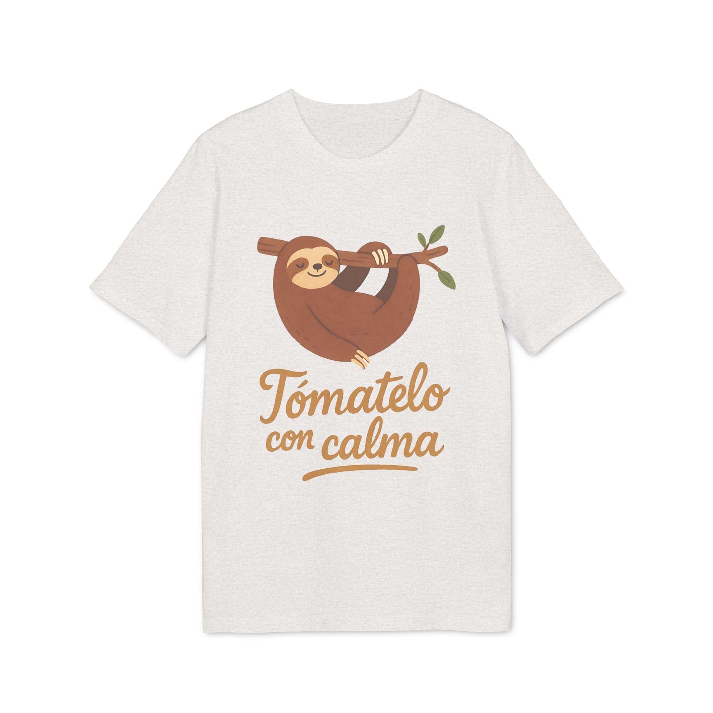 Tomatelo Calma nachhaltiges Unisex-Tee weißes T-Shirt mit Faultier-Illustration und „Tomatelo con calma“-Grafik auf der Vorderseite