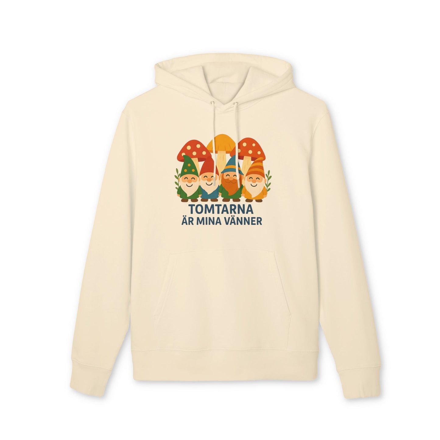 Alt Tag: Tomtarna Är Mina Vänner Sustainable Unisex Hoodie i ekologisk bomull, beige hoodie med tomtar och svampmotiv på framsidan