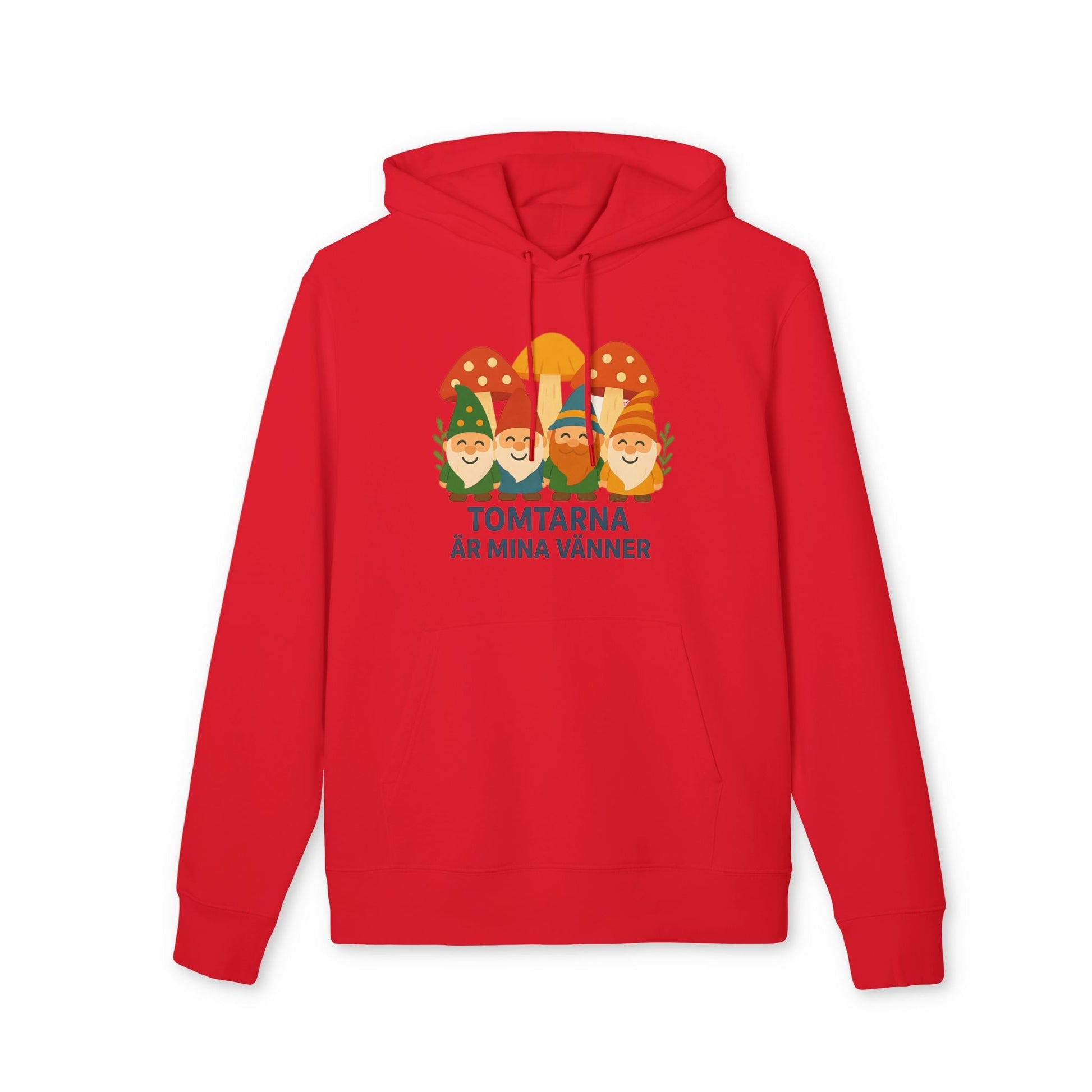 Tomtarna Är Mina Vänner Sustainable Unisex Hoodie i röd färg med tomtar och svampmotiv på framsidan