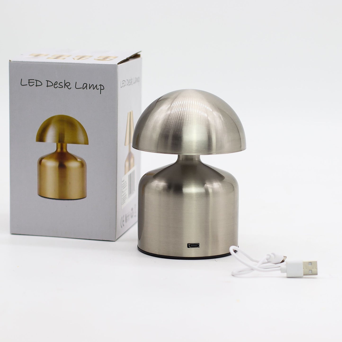 Touch Lamp – Dome Mushroom Silver (USB-C, Rechargeable, 400 W) lámpara táctil plateada tipo hongo con cable USB-C y caja