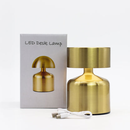 Alt-tagg: Touch Lamp – Flat Mushroom Bronze (USB-C, uppladdningsbar, 400 W) bronssfärgad LED-skrivbordslampa med förpackning och USB-laddningskabel