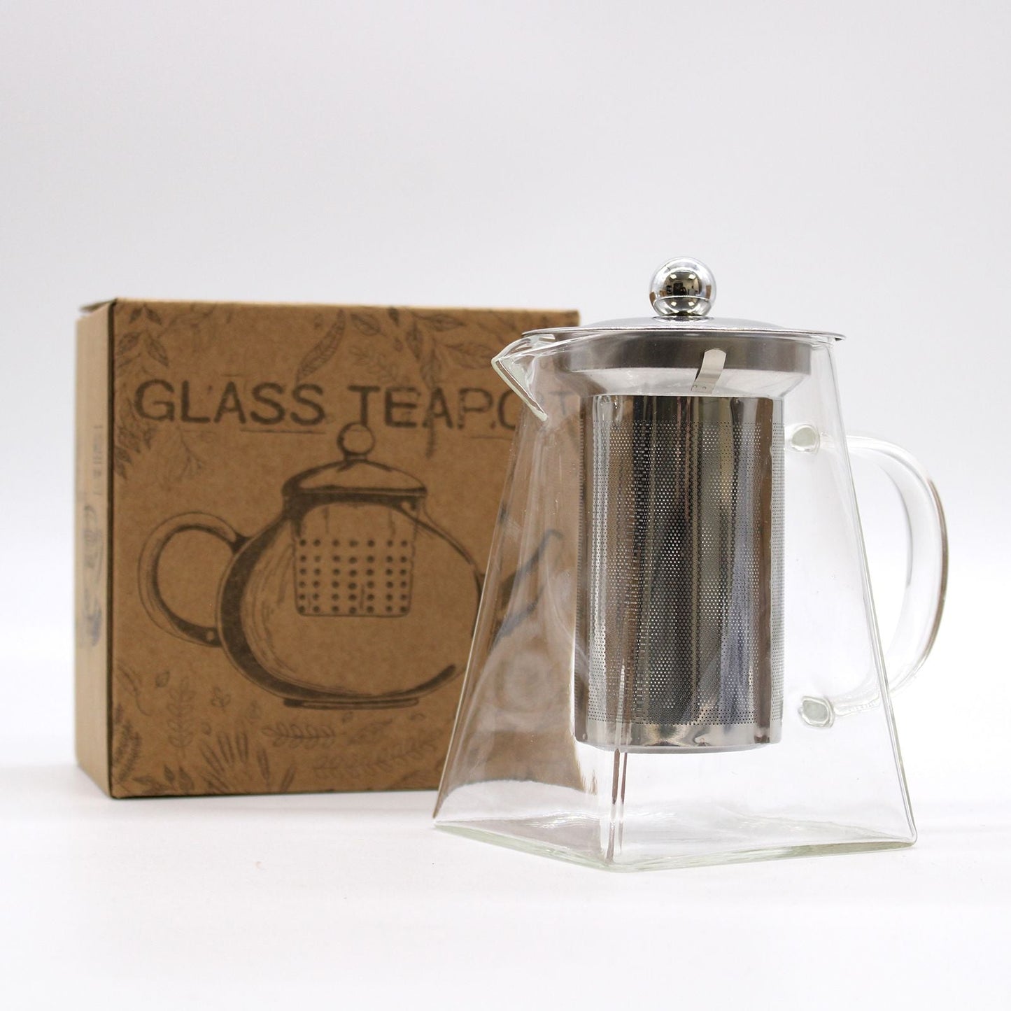 Tower Shape Glass Infuser Teapot – 750ML clear glass teapot with stainless steel infuser and lid, shown with product box