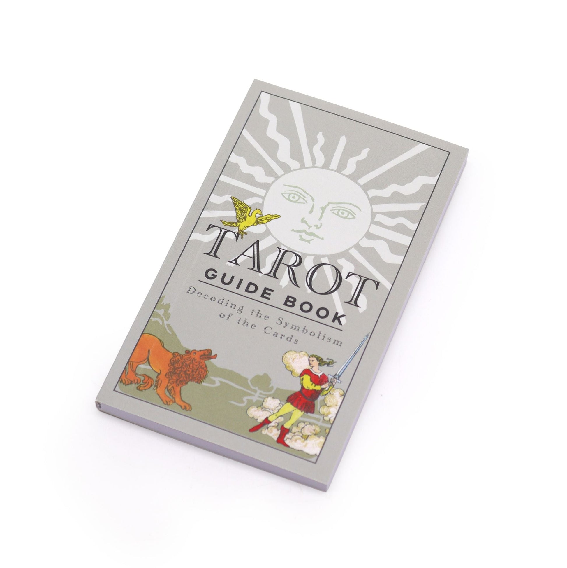 Traditional Arcana Tarot Cards – Guide Book Set guidebook cover with sun face and Rider–Waite style illustrations