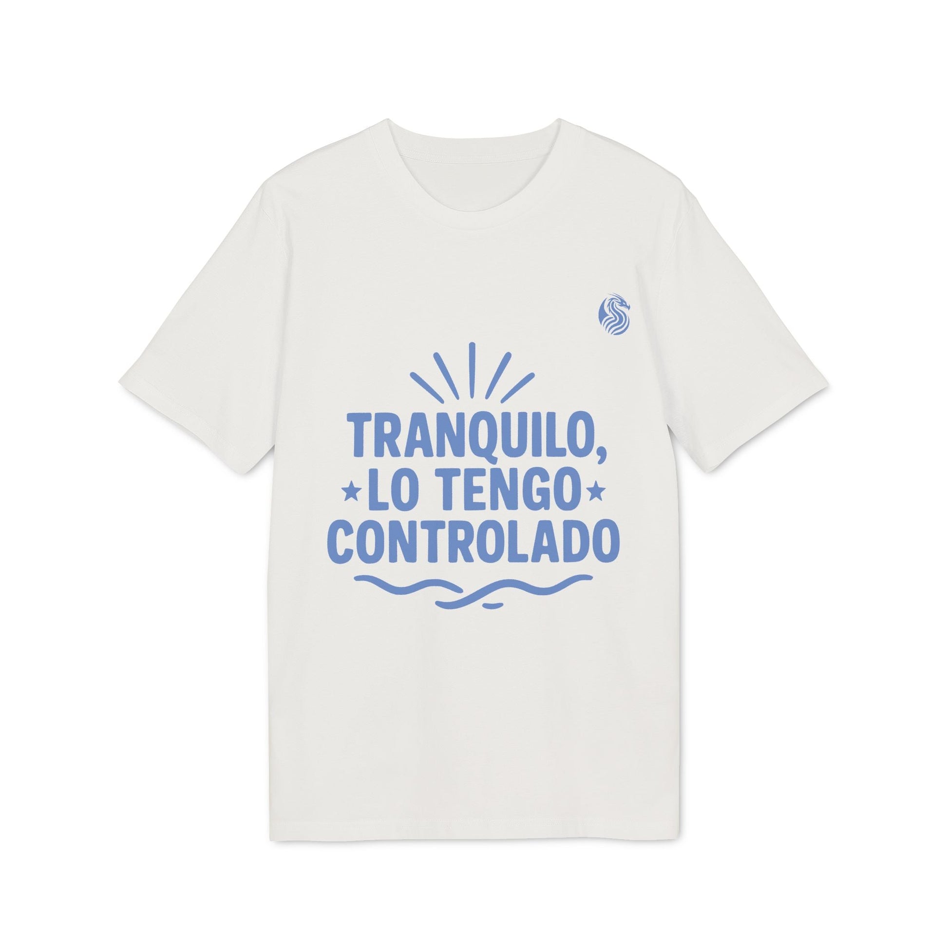 Tranquilo Lo Tengo Controlado Teenager Drix 100% Organic Cotton T-Shirt in white with blue “Tranquilo, Lo Tengo Controlado” graphic