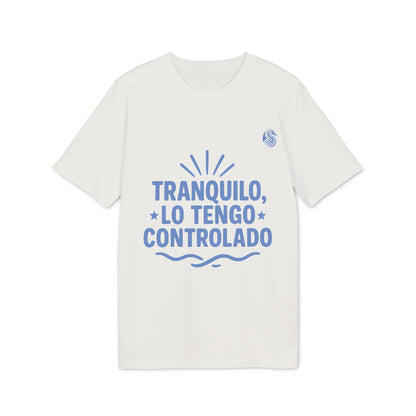 Tranquilo Lo Tengo Controlado Teenager Drix 100% Organic Cotton T-Shirt in white with blue “Tranquilo, Lo Tengo Controlado” graphic