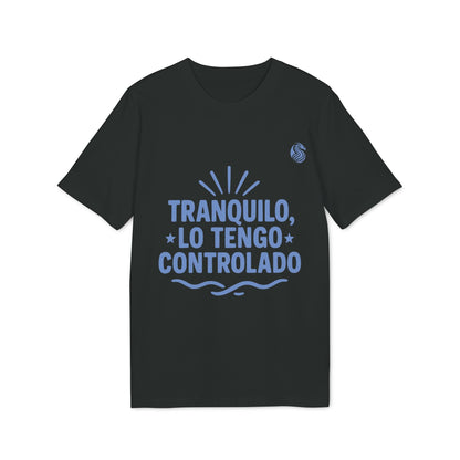 Tranquilo Lo Tengo Controlado Teenager Drix 100% Organic Cotton T-Shirt black tee with blue “Tranquilo, Lo Tengo Controlado” graphic