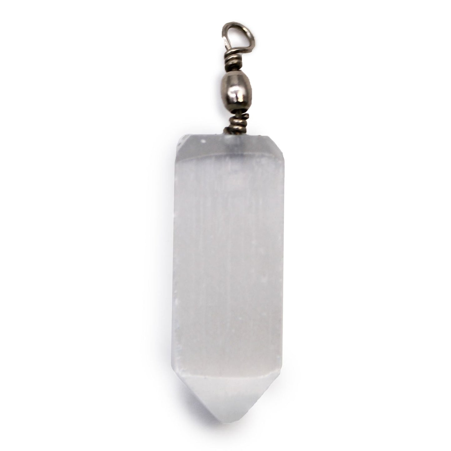 Alt Tag: Translucent Selenite Pendant – 5x1.5 CM, clear white selenite crystal point pendant with metal bail on white background