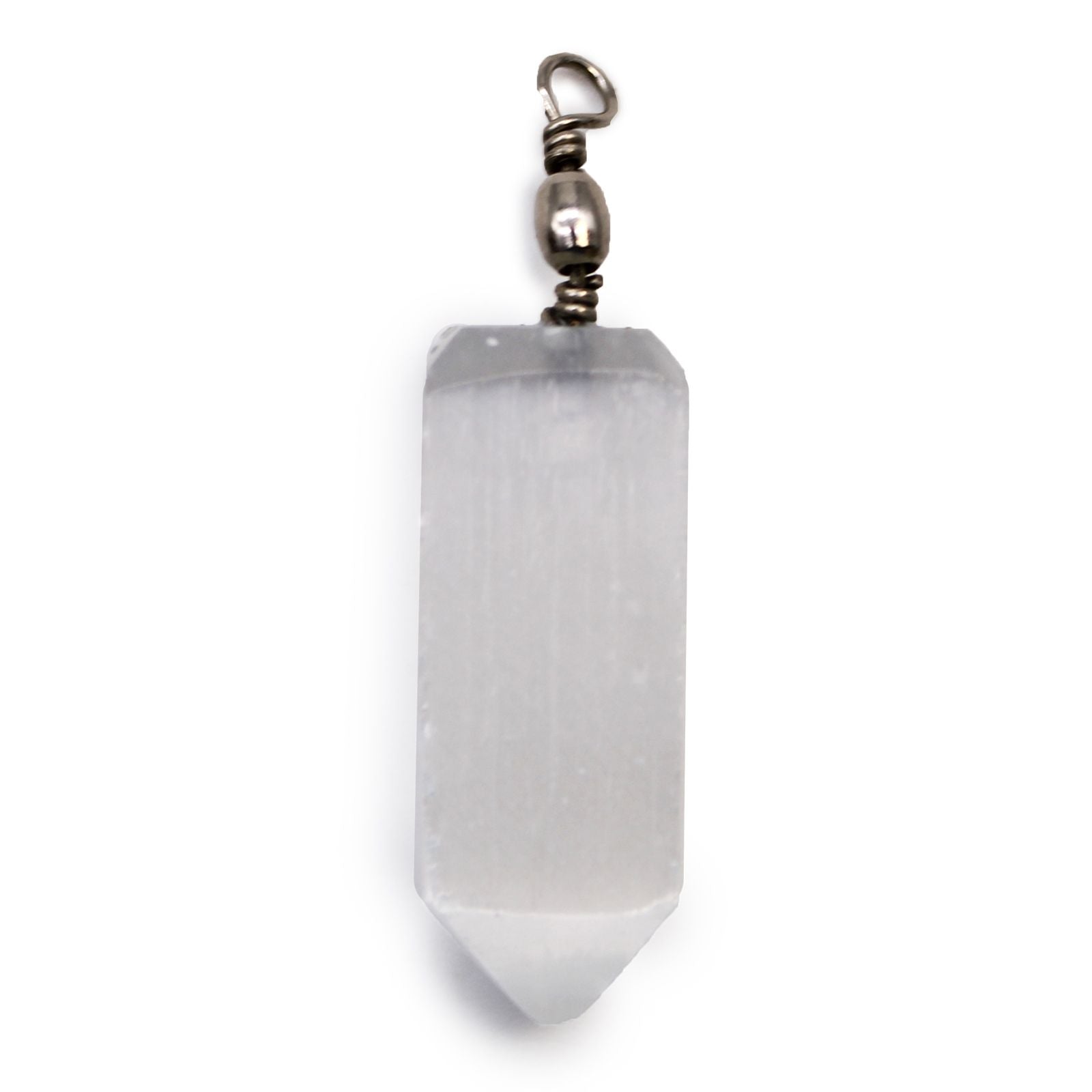 Alt Tag: Translucent Selenite Pendant – 5x1.5 CM, clear white selenite crystal point pendant with metal bail on white background