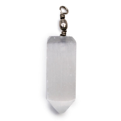 Alt Tag: Translucent Selenite Pendant – 5x1.5 CM, clear white selenite crystal point pendant with metal bail on white background