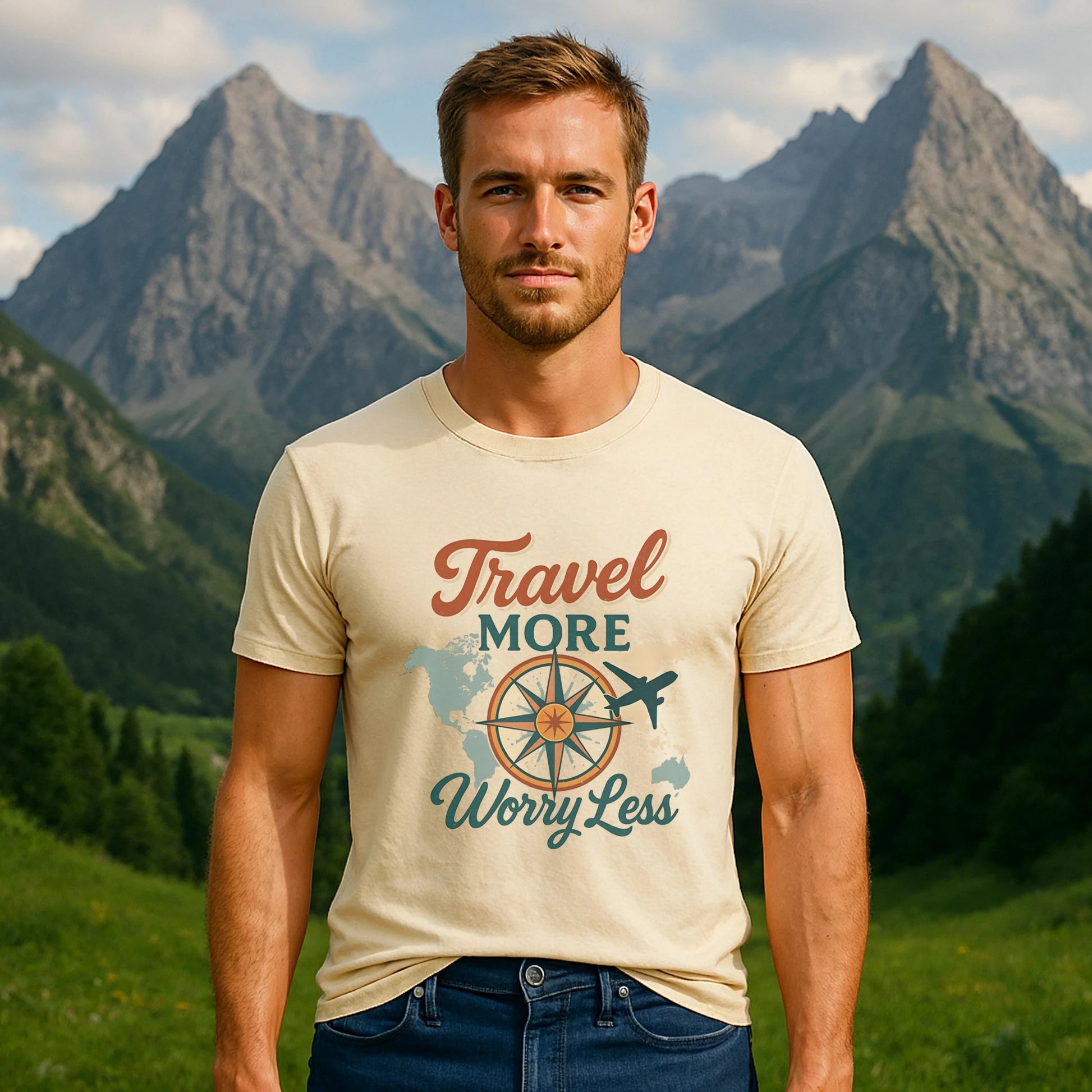 Male model wearing Travel More Worry Less 100% Organic Cotton T-Shirt with compass graphic, standing outdoors with mountain backdrop