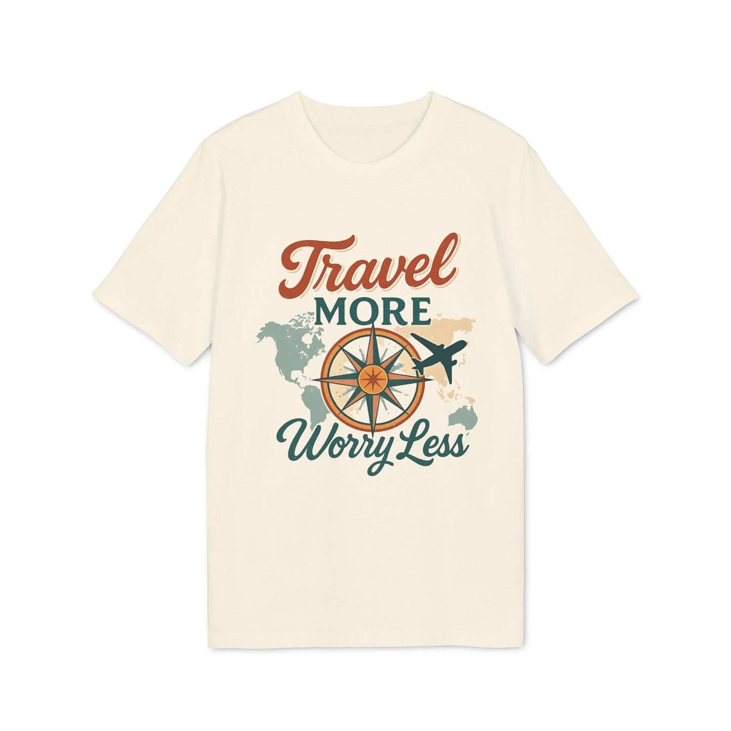 Travel More Worry Less 100% Organic Cotton T-Shirt color crema con gráfico de brújula, mapa mundial y avión, manga corta cuello redondo